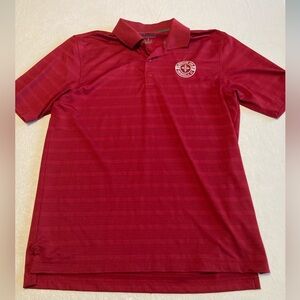 Mohegan Sun embroidered Red Striped Polo Gold Shirt Medium casino champion